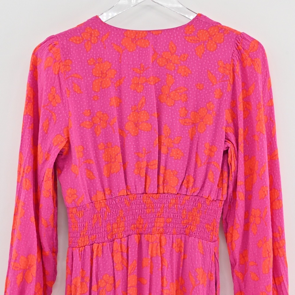 DRAPER JAMES Dress Size S Pink Orange Floral Smocked V Neck Balloon Long Sleeve - Picture 13 of 14
